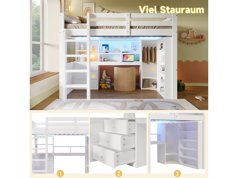 Lit mezzanine 140 x 200 cm, led, armoire, bureau, tiroirs, rangements, blanc, sans matelas  - Conforama D