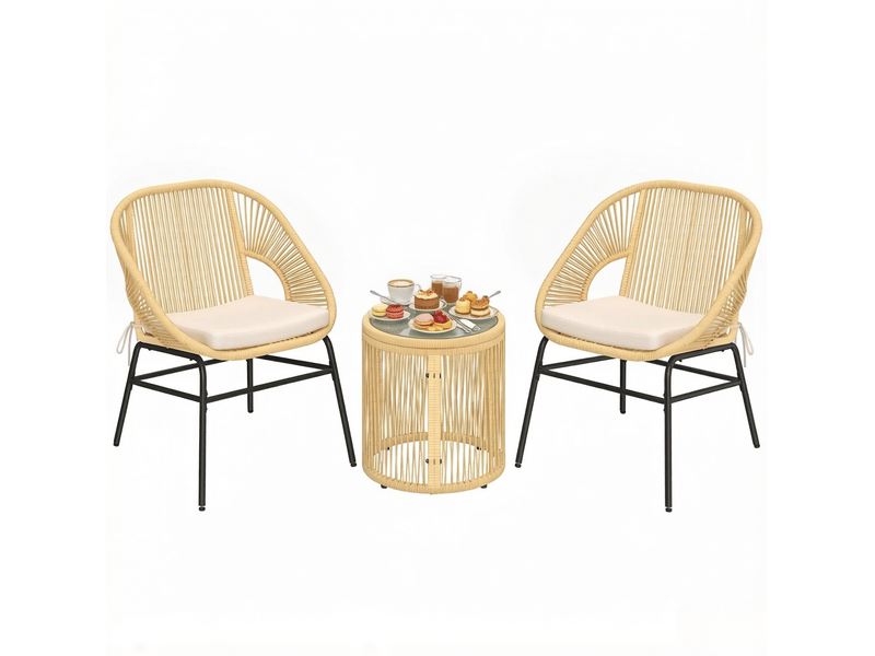 Salon de jardin 2 personnes beige avec 2 fauteuils et table ronde en verre trempé - Conforama A