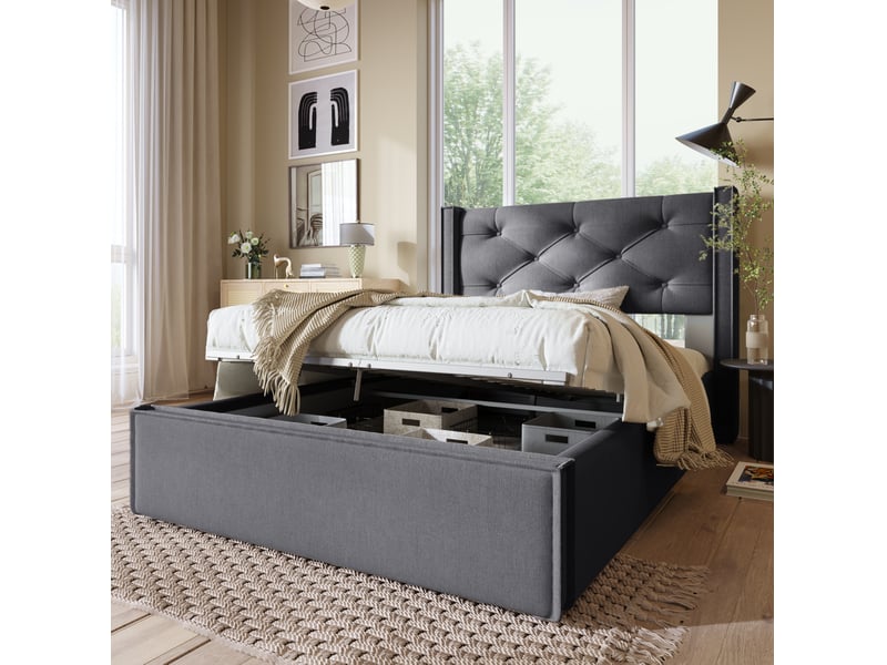  Lit coffre 1 place 90x200 cm à sommier relevable en coton gris  - Conforama B