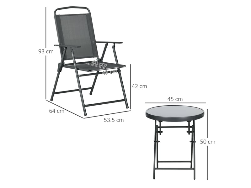  Ensemble de jardin 3 pièces comprenant 2 chaises (53,5 x 64 x 93 cm) et une table basse (ø 45 x 50 cm), en métal gris foncé.  - Conforama E