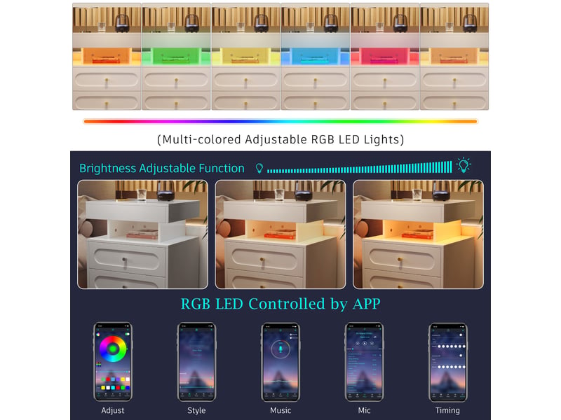  Table de chevet led 2 tiroirs avec niche ouverte - glissières silencieuses, panneau de particules blanc 100 × 40 × 60 cm  - Conforama E