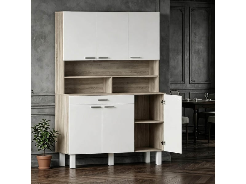  Buffet haut de cuisine 120x40x175 cm, 6 portes, 1 tiroir et rangements ouverts, blanc avec effet bois naturel  - Conforama B