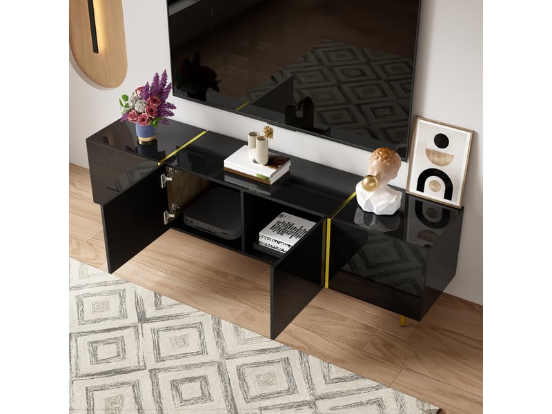  Meuble tv noir brillant et doré, 4 portes, 170 cm  - Conforama E