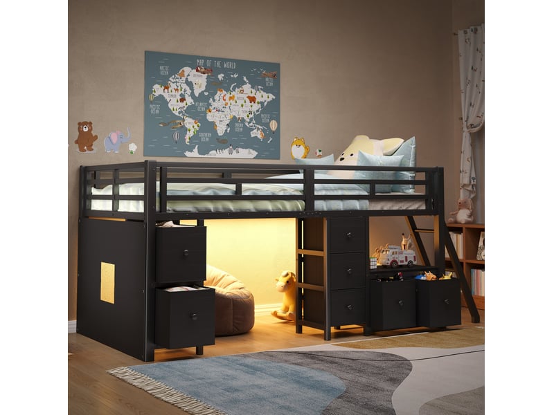  Lit mi-hauteur enfant 90 x 200 cm avec 7 tiroirs et éclairage led, noir  - Conforama B