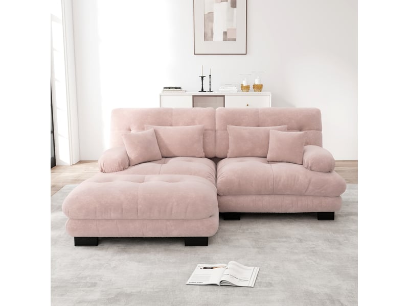  Canapé d'angle modenvie cloud 2 places en chenille rose 220 x 145 cm avec ottoman mobile  - Conforama D