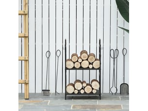 Range-bûches avec accessoires de cheminée 51,5 x 33 x 77 cm doré en métal, double étagère et crochets