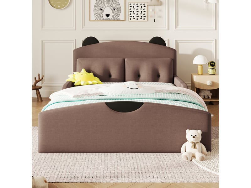  Lit enfant 140 × 200 cm 2 places avec tête de lit ours, 2 coussins décoratifs, sans matelas, en lin, café  - Conforama C