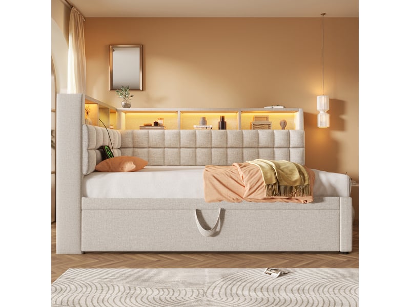  Lit gigogne 90x200 cm - lit simple ado avec rangement led et usb type-c, haut-parleur bluetooth intégré - sans matelas - lin beige  - Conforama C