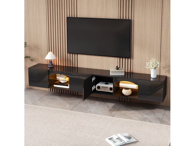 Meuble tv avec 4 portes, 2 niches ouvertes, étagères en verre et led commandée par application, noir 200 × 30 × 28 cm - Conforama B