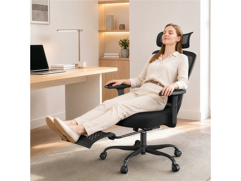 Chaise de bureau ergonomique en maille respirante avec appui-tête, repose-pieds et charge 150 kg 616441 Black - Conforama B