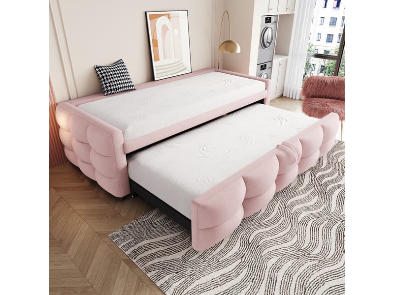 Lit escamotable convertible 90x190 cm en velours côtelé rose - canapé-lit multifonction, sommier inclus, sans matelas - Conforama D