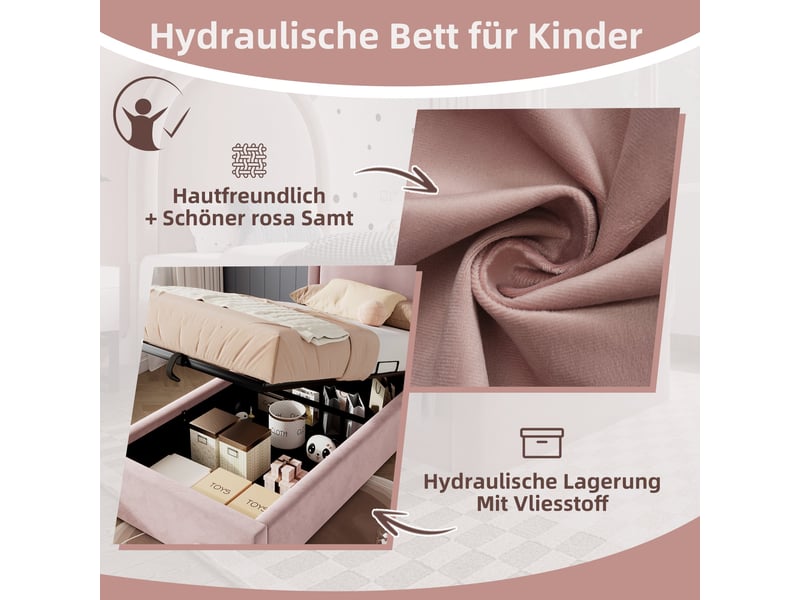 Lit coffre 90x200 avec matelas 7 zones h3, velours rose, rangement hydraulique et sommier à lattes - Conforama E