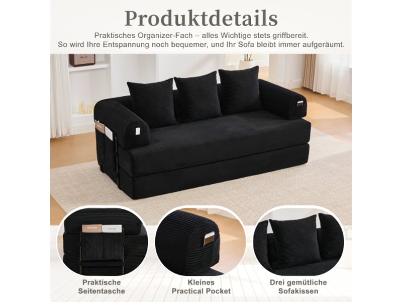  Canapé convertible cadre métallique robuste — poches latérales,3 coussins,configurations lounge personnalisables, noir  - Conforama E