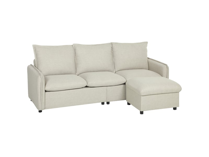  Canapé 3 places avec pouf de rangement, canapé d'angle modulable 212 cm, coussins à ressorts, crème, tissu en lin  - Conforama B