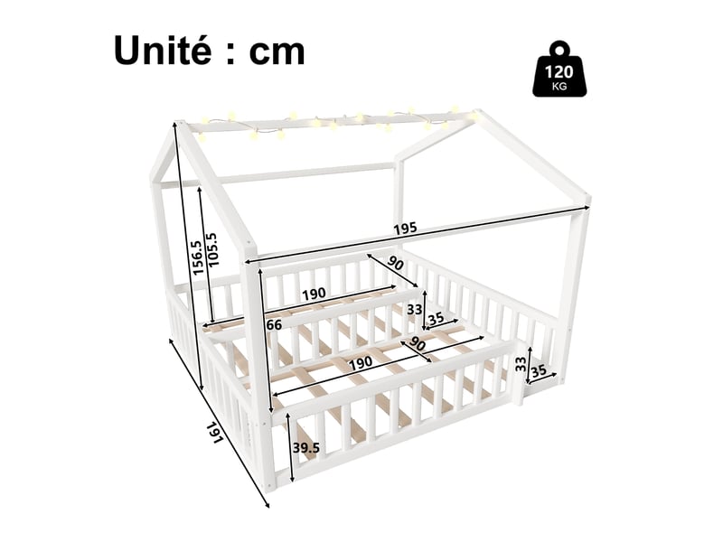  Lit cabane enfant 90x190 cm et 180x190 cm en bois, lit modulable avec barrières et led, sans matelas, blanc  - Conforama D