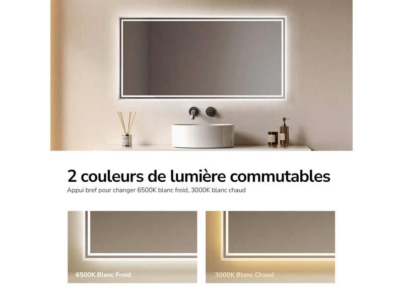  Emke miroir lumineux salle de bain 120x60cm, avec interrupteur à bouton, anti-buée, led éclairage lumière blanche froidechaude  - Conforama D