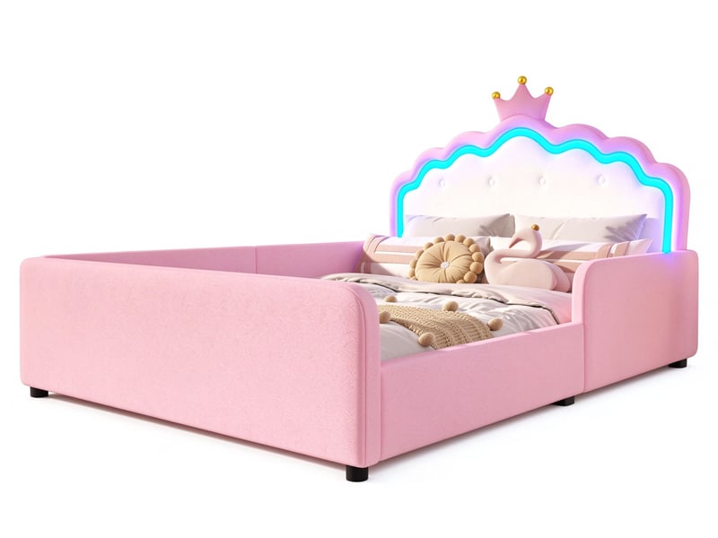  Lit simple enfant 140 x 190 cm avec tête de lit en forme de couronne, barrières latérales et éclairage led, similicuir, rose Morn Vibe - Conforama A