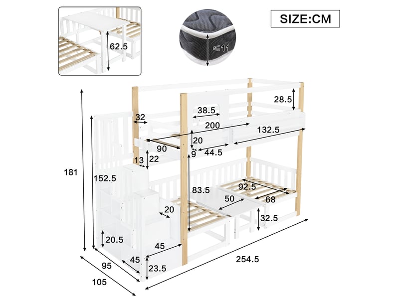  Lit mezzanine enfant 90×200 cm escalier, table rabattable et étagère  - sans matelas, bois - blanc et naturel  - Conforama D