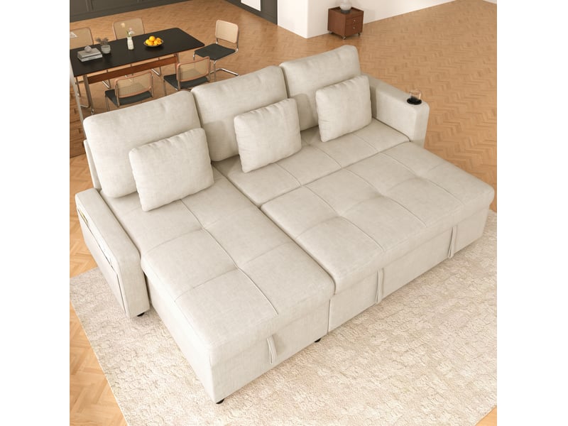  Canapé-lit 3 places modenvie avec méridienne gauche, coffre de rangement, porte-gobelet et étagère ouverte, tissu chenille beige clair, 201,3 x 126,1 x 86,1 cm  - Conforama D