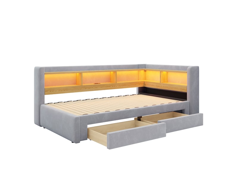  Lit gigogne 90x200 cm - lit extensible 180x200 cm avec rangement - led et prise intégrée - velours - gris  - Conforama W