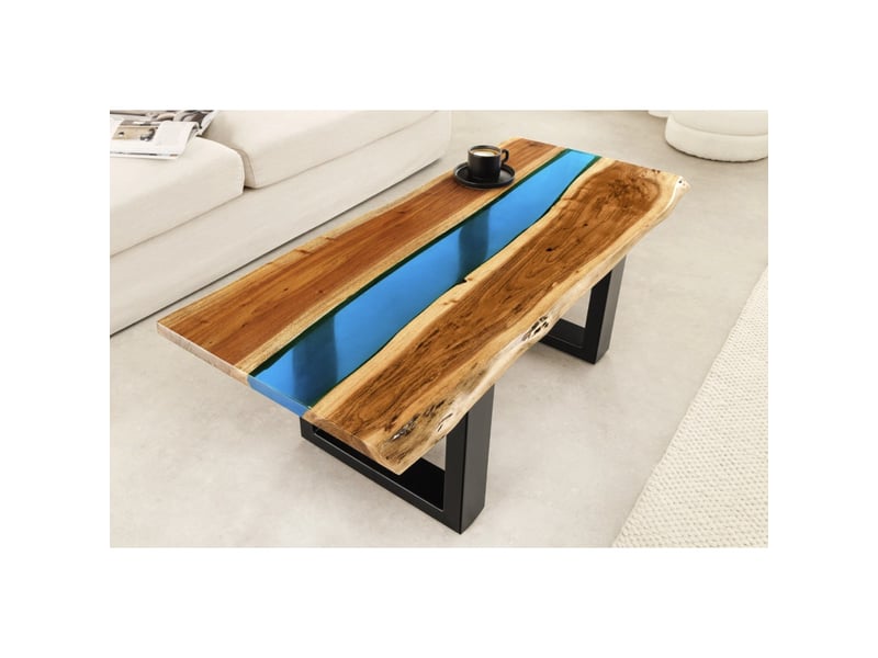 Table basse rectangulaire laguna en bois d'acacia massif et résine époxy bleue – design rivière avec pieds métal noir  - Conforama E
