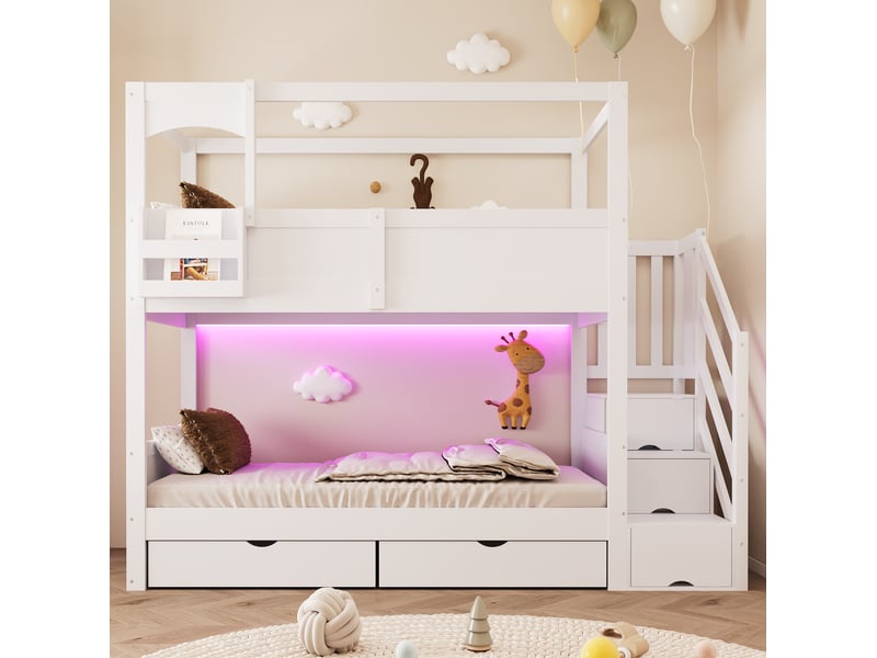 Lit superposé 90 × 200 cm avec échelle de rangement, 2 tiroirs et tableau amovible pour chambre d'enfant, blanc  - Conforama D