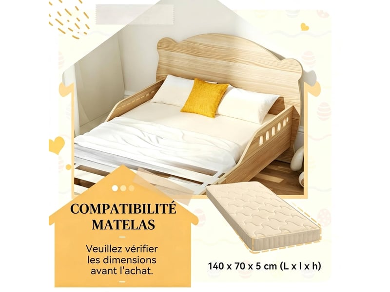  Lit enfant 70x140 bois naturel avec barrière de sécurité motif ours  - Conforama D