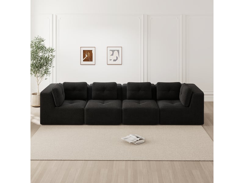 Canapé d'angle modulaire avec assise profonde, dossier confortable, base antidérapante en corduroy noir - Conforama C