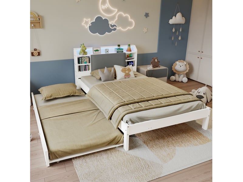  Lit gigogne 120x200 cm + 90x190 cm avec éclairage led et tête de lit rembourrée en bois blanc  - Conforama B