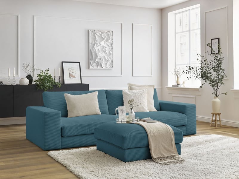 Bobochic canapé droit fixe 3 places leonard velours côtelé avec pouf bleu clair LEONARD - Conforama B