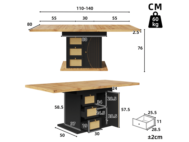  Table à manger extensible 110-140 x 80 x 76 cm, avec 3 tiroirs et placard fermé, façades aspect rotin, poignées dorées, noir  - Conforama C