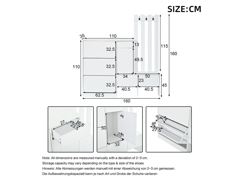 Meuble d’entrée 160x35x160 cm 7 en 1 en mdf blanc, avec rangement multifonction pour optimiser l’espace. - Conforama C
