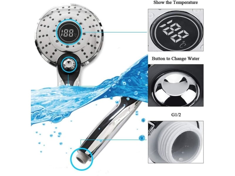 Pommeau de douche led à trois couleurs, écran numérique avec capteur de température, trois modes d’eau, douchette adaptable universelle  - Conforama E