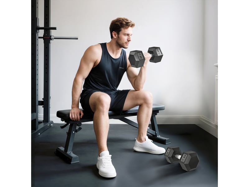  Ensemble de 2 haltères hexagonales en fonte, 2 x 17,5 kg, revêtues de caoutchouc, pour l'entraînement à domicile.  - Conforama C