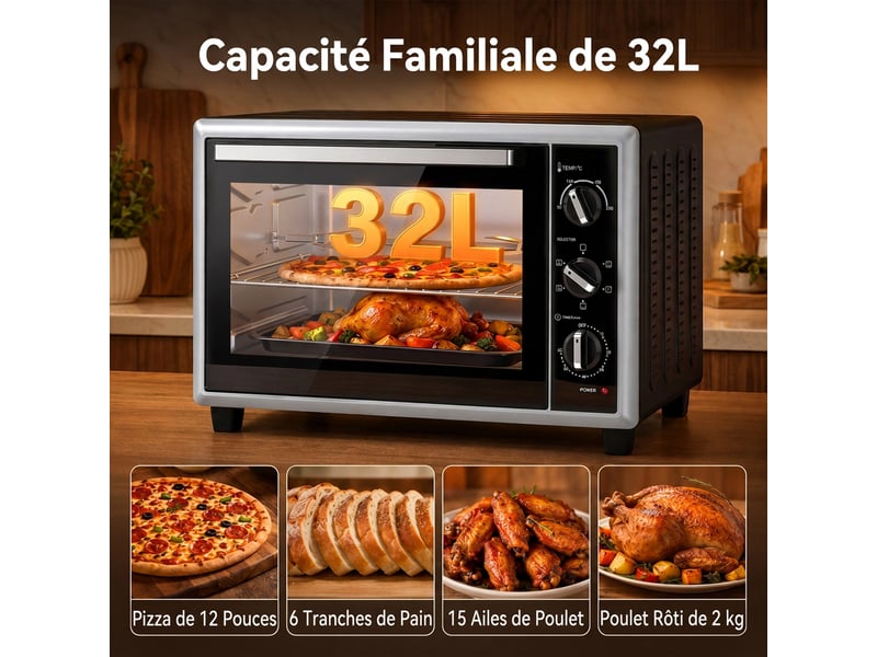  Mini-four électrique avec broche rotative 32l 1500w, four à convection multifonction, minuterie, chaleur tournante, noir  - Conforama E