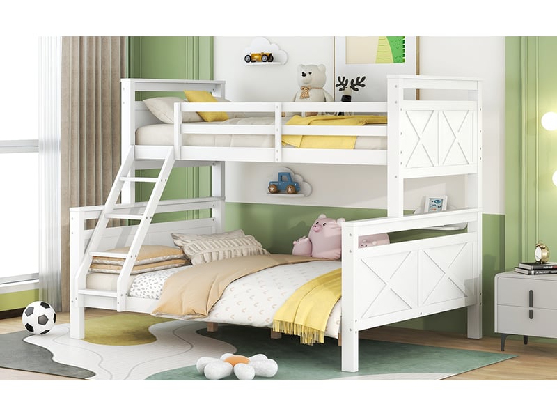  Lit superposé enfant 90×200 et 140×200 cm avec échelle et barrière  - sans matelas, bois - blanc  - Conforama E