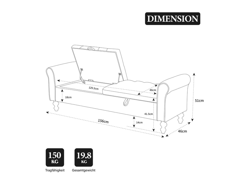  Banc coffre 156x41x51 cm, 2 couvercles, rangement, design moderne, structure robuste, tissu bouclette, couleur gris  - Conforama C