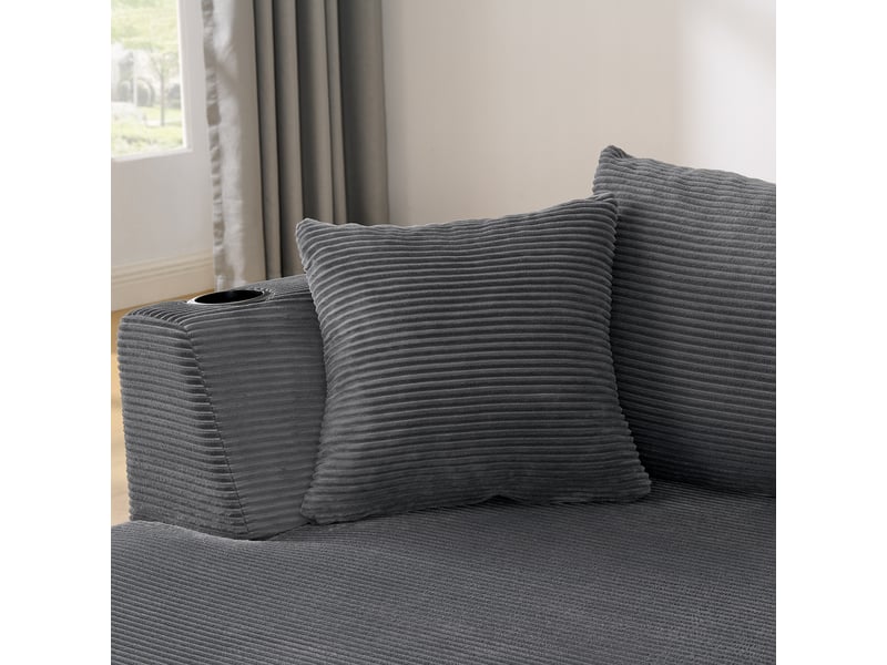 Canapé méridienne gauche 3 places gris design courbé tissu côtelé avec porte-gobelets et coussins pour salon moderne - Conforama E