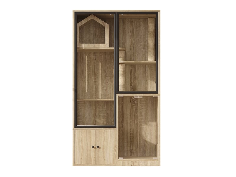  Grand meuble pour félins 90x50x160 cm – naturel – portes en verre trempé, 4 niveaux et griffoir intégré  - Conforama D