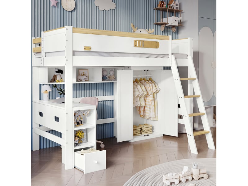  Modenvie lit mezzanine enfant 90x200 cm - avec bureau, armoire et rangements ouverts, sans matelas - blanc et naturel  - Conforama E