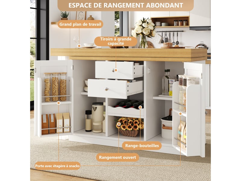 Îlot de cuisine extensible 120-197 cm avec table pivotante 360°, porte-bouteilles et rangements, blanc et noir - Conforama E