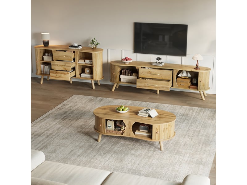  Ensemble salon 3 pièces avec table basse, meuble tv et buffet, forme galet, portes coulissantes, mdf, pieds bois, naturel evarich - Conforama D