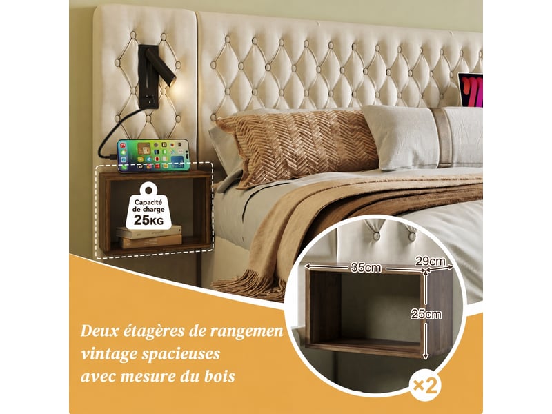  Lit 160 x 200 cm avec deux chevets intégrés, 4 tiroirs, velours beige  - Conforama E