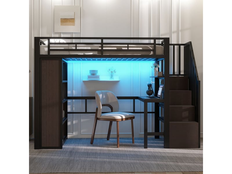  Lit mezzanine 90x200cm métal noir bureau, étagères, escalier rangement - lit 1 place - éclairage led app, gain de place chambre  - Conforama B