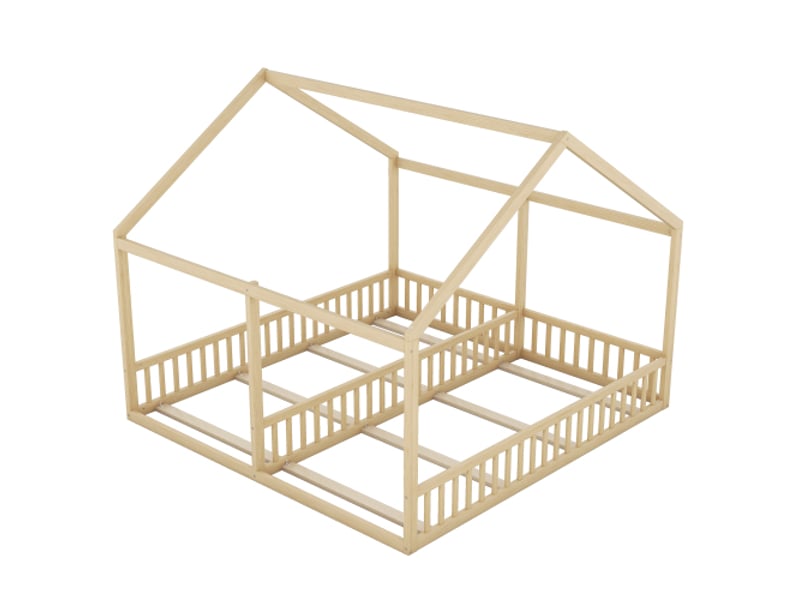  Lit cabane 90x200 cm, lit enfant avec barriére de protection, en bois de pin, couleur naturel, sans matelas  - Conforama E