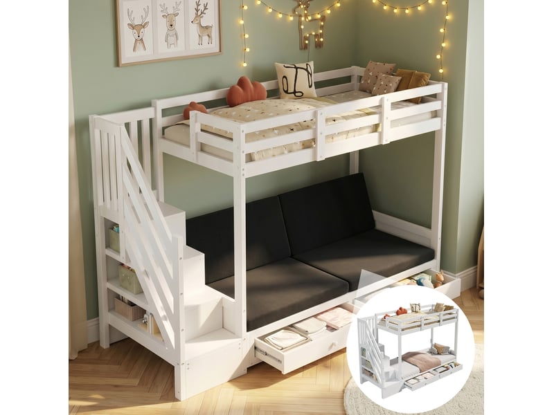  Modenvie lit mezzanine enfant 90x200 cm - canapé réglable, rangement intégré, sans matelas - blanc  - Conforama D