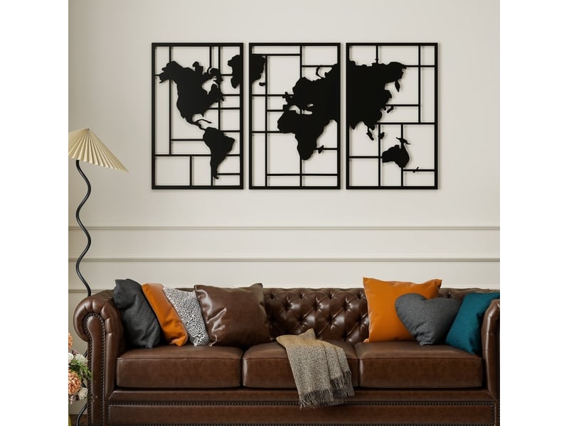  Décoration murale en métal 3 pièces 150 x 80 cm noire, carte du monde avec crochets préinstallés pour intérieur  - Conforama B