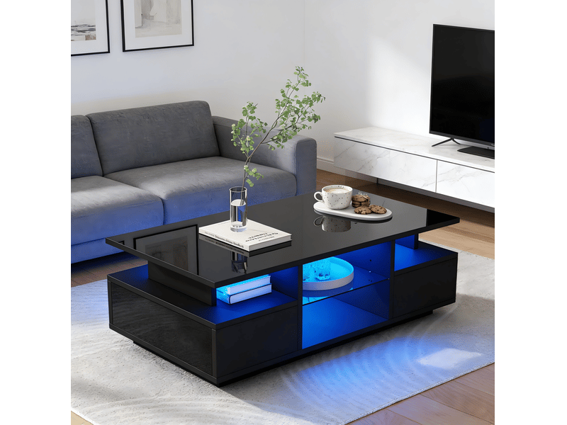  Table basse avec 2 tiroirs, rangement ouvert, led et plateau en verre pour salon en panneau de particules noir  - Conforama B