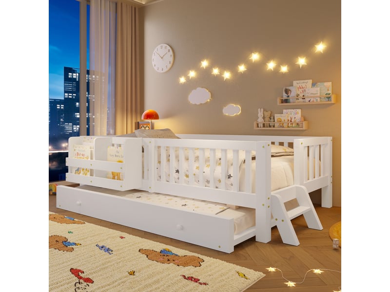  Lit banquette enfant 90x200 cm avec garde-corps de sécurité, lit de jour plateforme en bois gain de place, blanc OPULERANE TRADING LTD - Conforama D