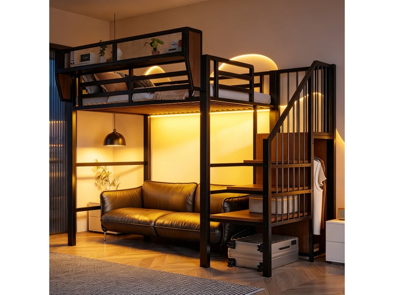  Lit superposé 90x200 cm, lit enfant, rangement, échelle sécurisée, led, métal noir  - Conforama A